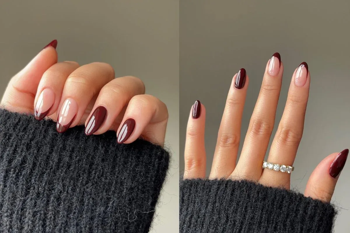 Bordô combina brilho, efeito cromado e francesinha nas unhas