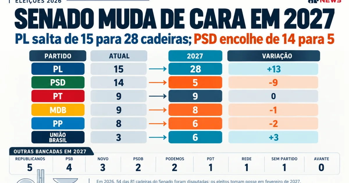 PL chega a 28 cadeiras e lidera Senado a partir de 2027
